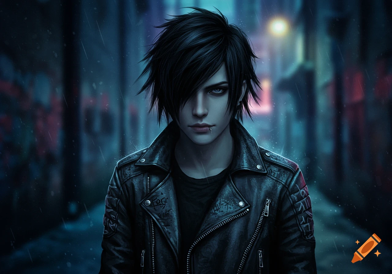 An anime-style portrait of a young man with black spiky hair and a lip piercing, wearing a leather jacket, standing in the rain at night.