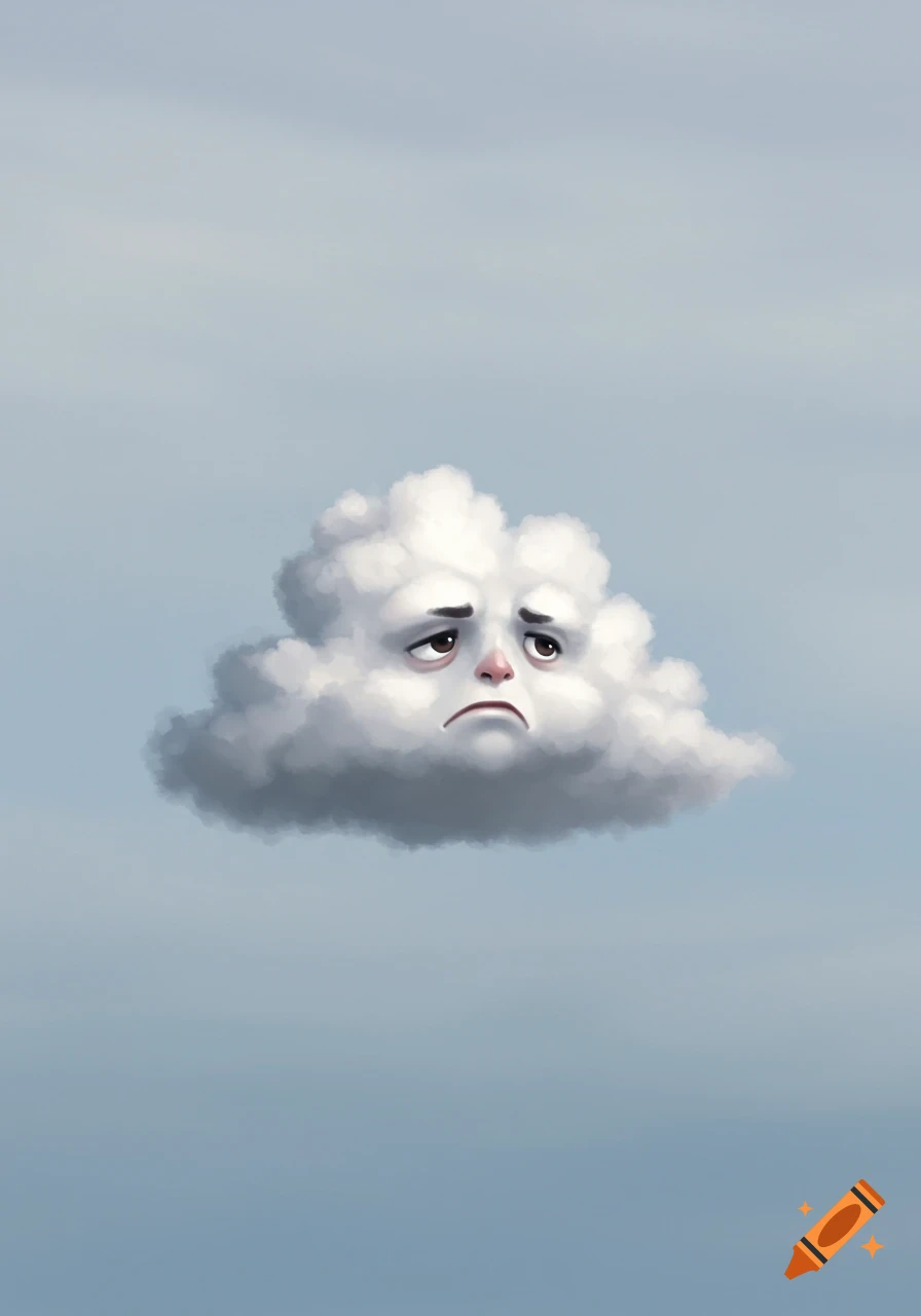 A cartoon cloud with a sad, confused, and angry expression floats in a gloomy blue sky.