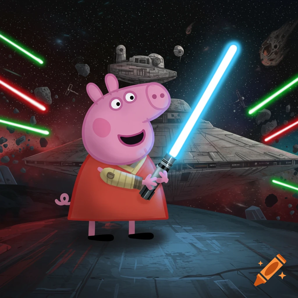 Peppa Pig dressed as a Jedi, wielding a blue lightsaber amidst a space battle with spaceships and laser blasts.
