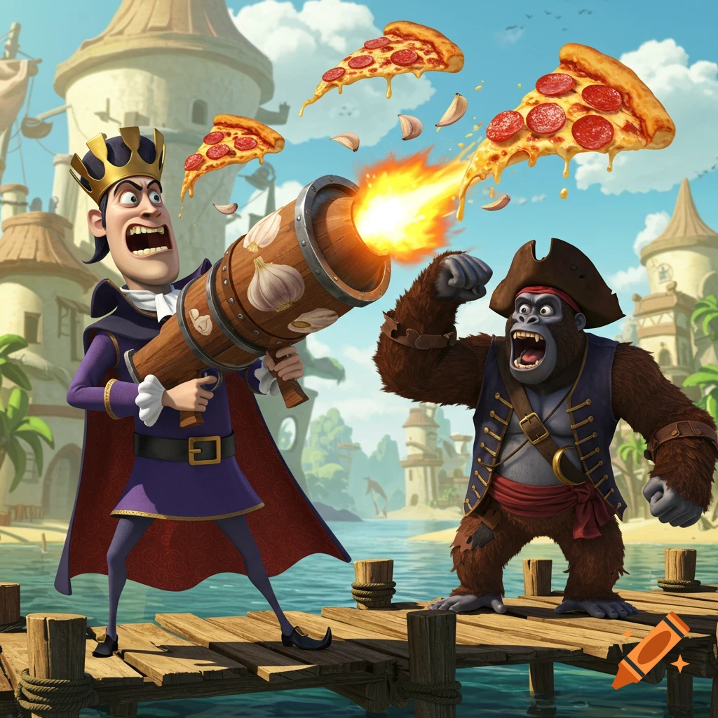 A cartoon king fires a cannon spewing pizza and garlic at an angry pirate gorilla on a wooden dock by a port city.