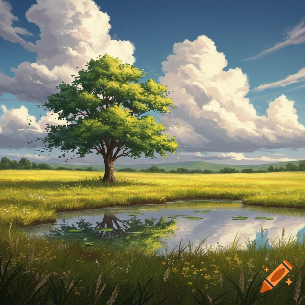 A vibrant, painterly landscape depicting a large green tree standing in a golden field next to a still pond reflecting a blue sky with fluffy clouds.