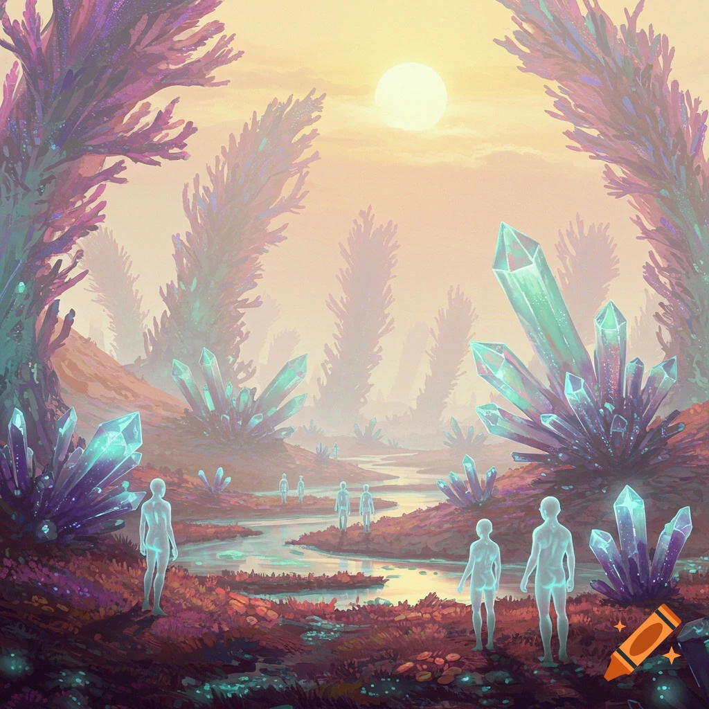 Vibrant alien landscape with glowing blue-green crystals, a winding river, and translucent humanoid figures under a bright sun.