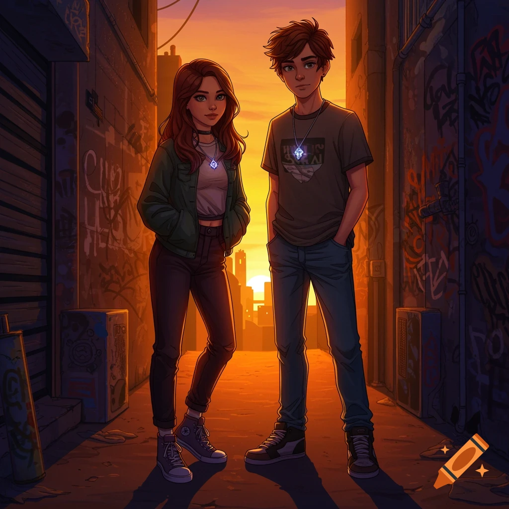 Anime-style illustration of a girl and boy standing in a graffiti-covered alley at sunset.