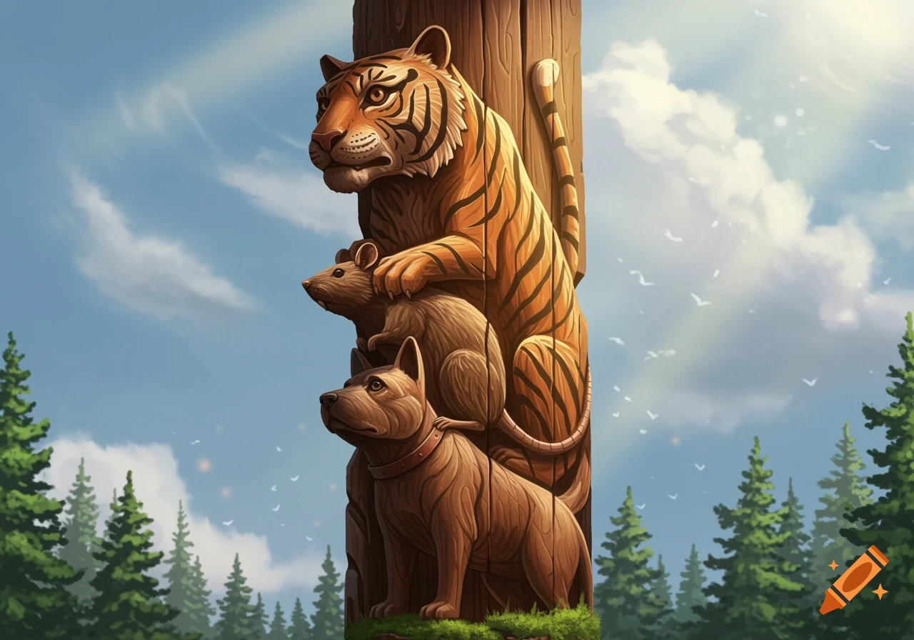 A detailed wooden totem pole carved with a tiger, a rat, and a dog, set against a blue sky with clouds and a forest.
