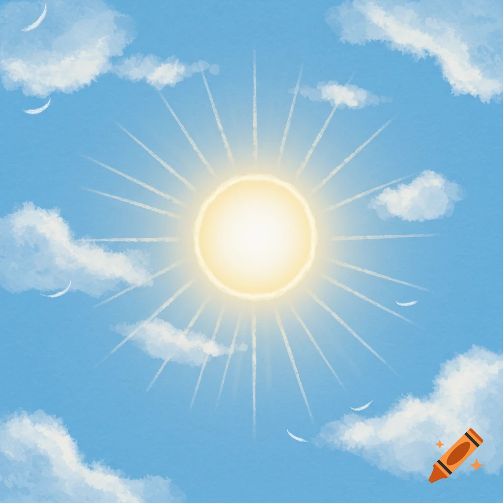 A stylized bright yellow sun with rays in a blue sky with white clouds.