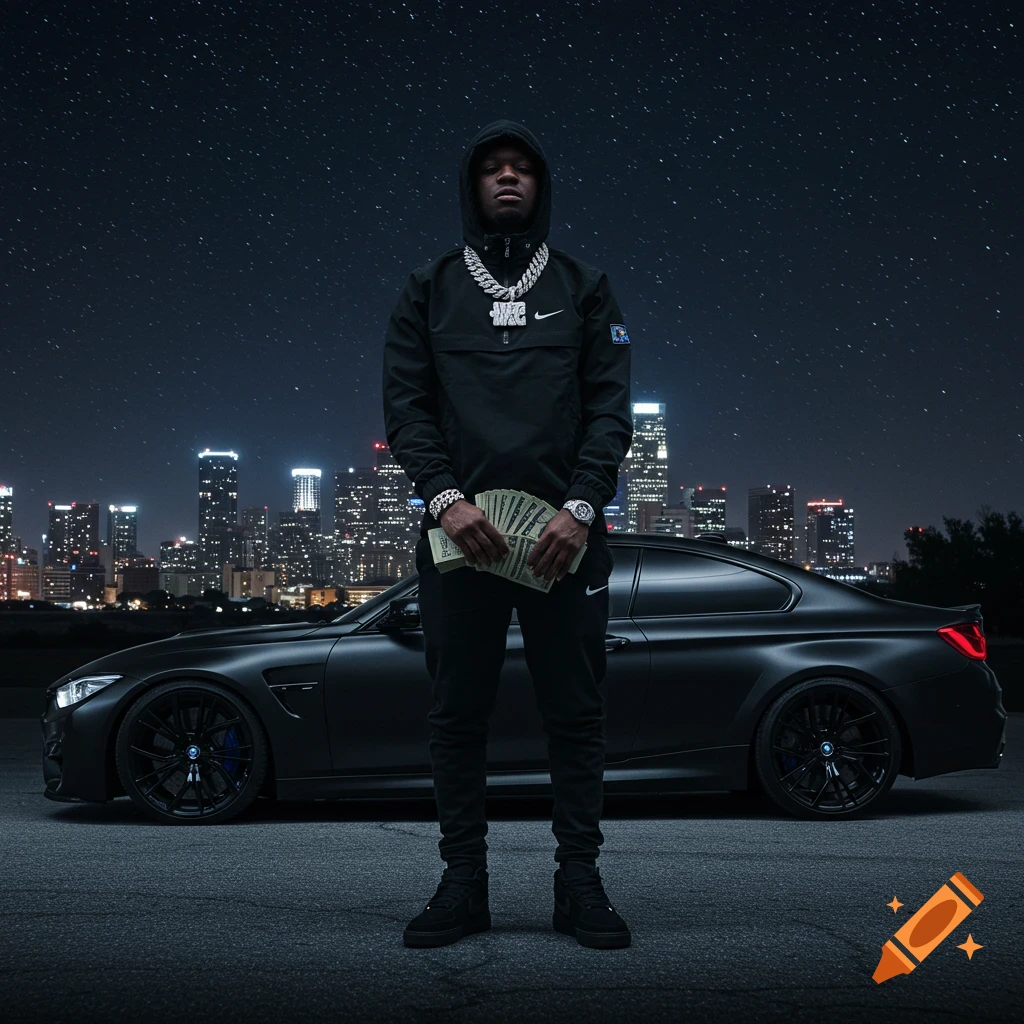 A man in a black Nike outfit and diamond jewelry stands in front of a matte black BMW M Competition, with a city skyline and star-filled sky at night.