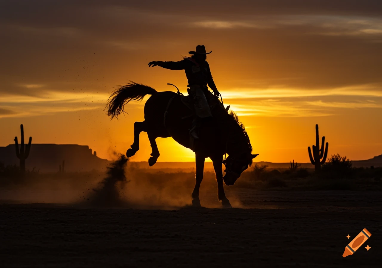 Silhouette of a cowboy riding a bucking bronco at sunset in a desert with saguaro cacti.