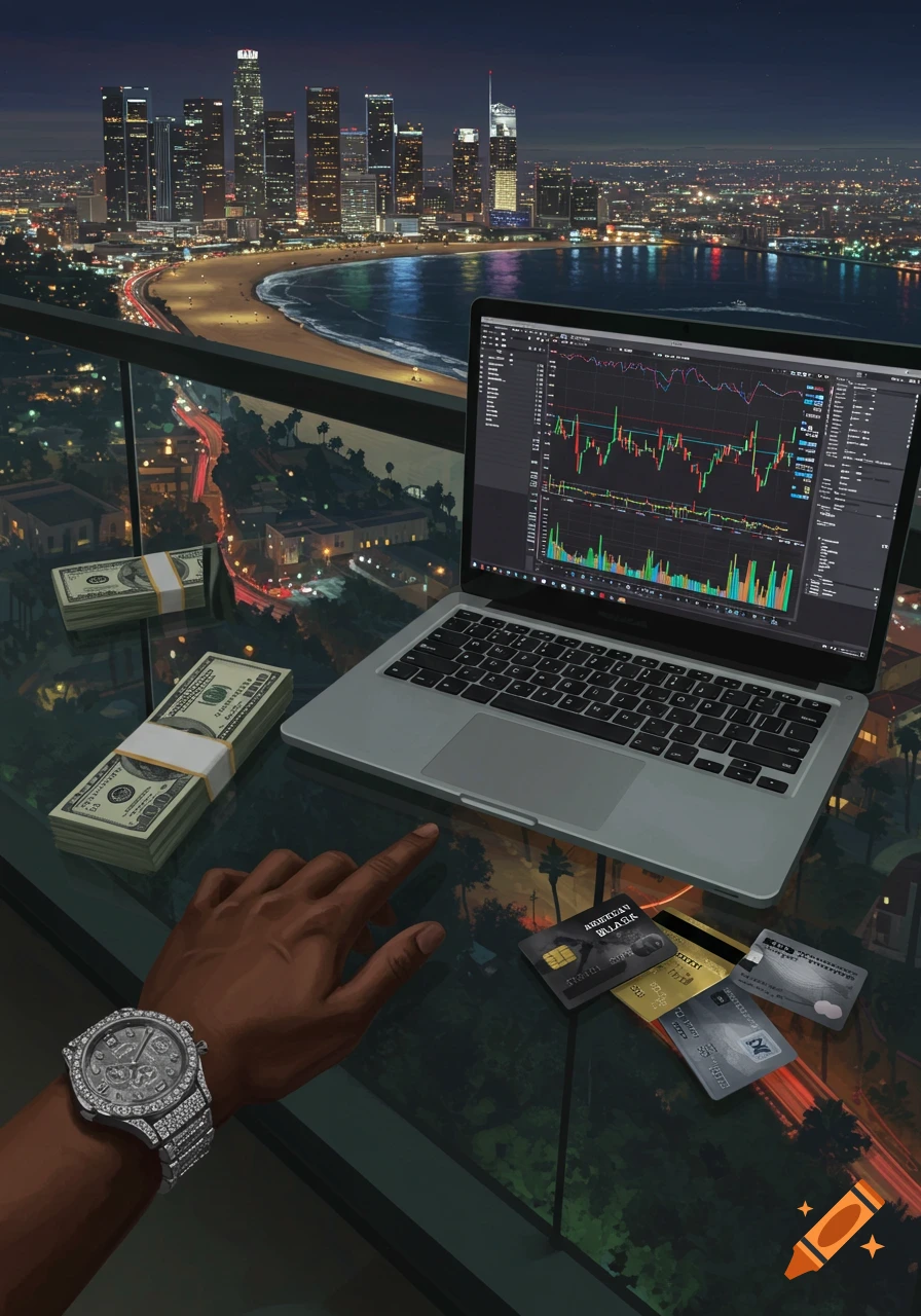 First-person view of a person's hand with a diamond watch, a laptop with financial charts, cash, and credit cards on a high-rise balcony overlooking a Los Angeles city and beach skyline at night.