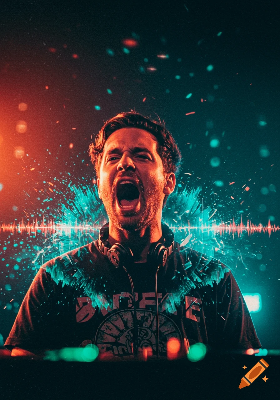 Energetic portrait of a man with headphones screaming amidst vibrant red and teal lights and abstract sound wave effects.