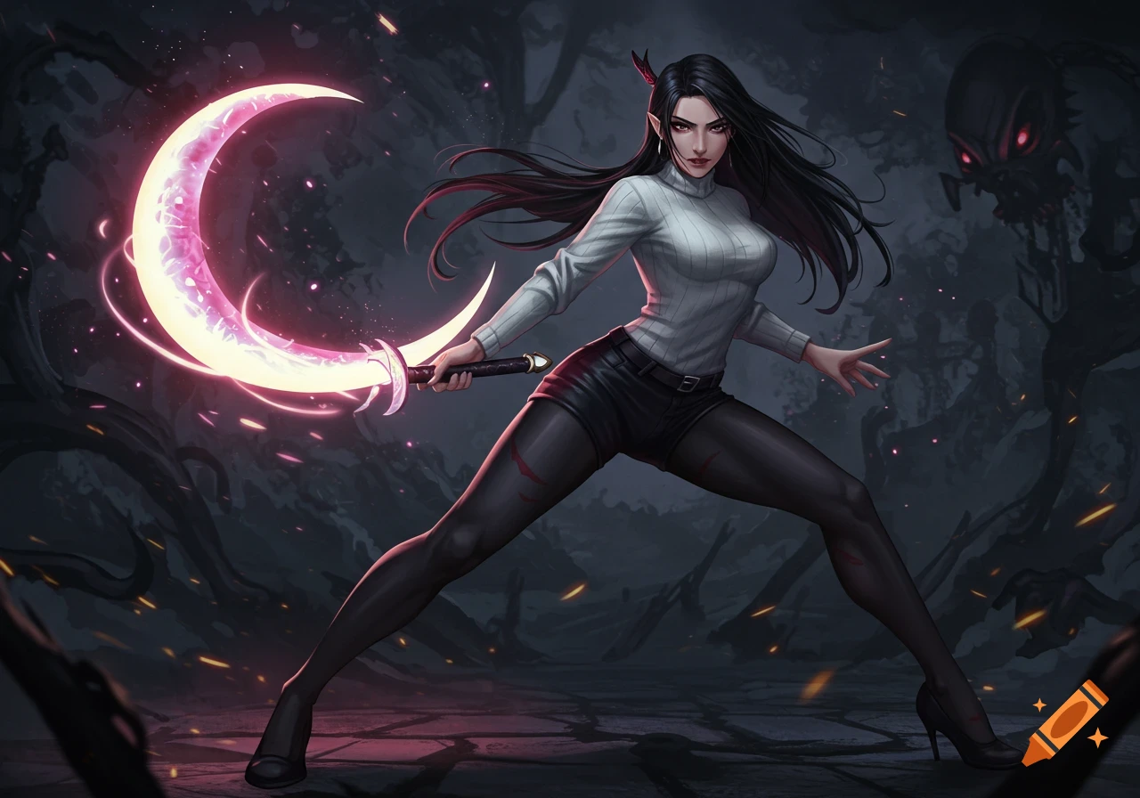 Anime-style female demon hunter with a glowing crescent blade facing a shadowy creature in a dark, mystical forest.