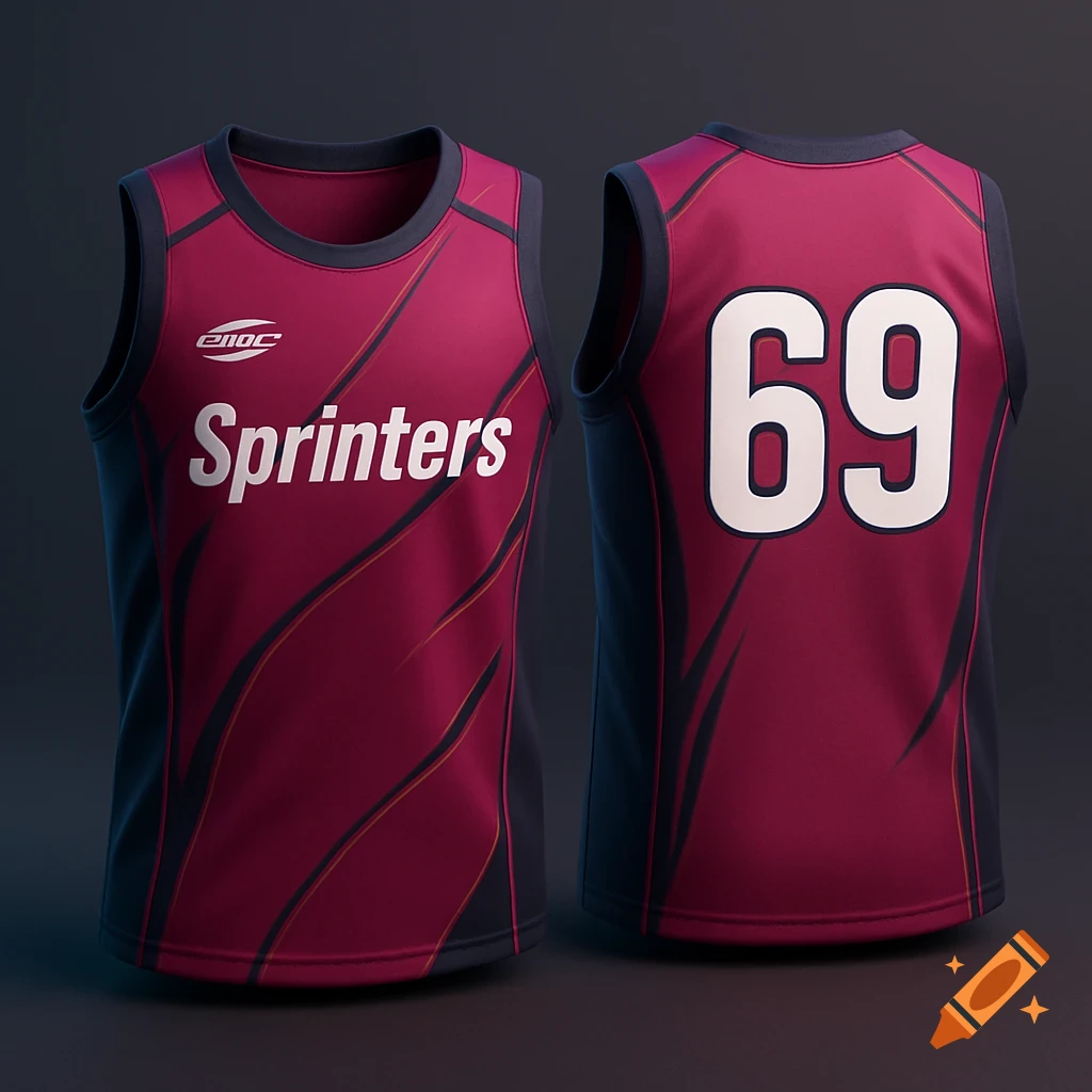 Front and back view of a dark pink and navy blue sports jersey with 'Sprinters' on the front and the number '69' on the back.