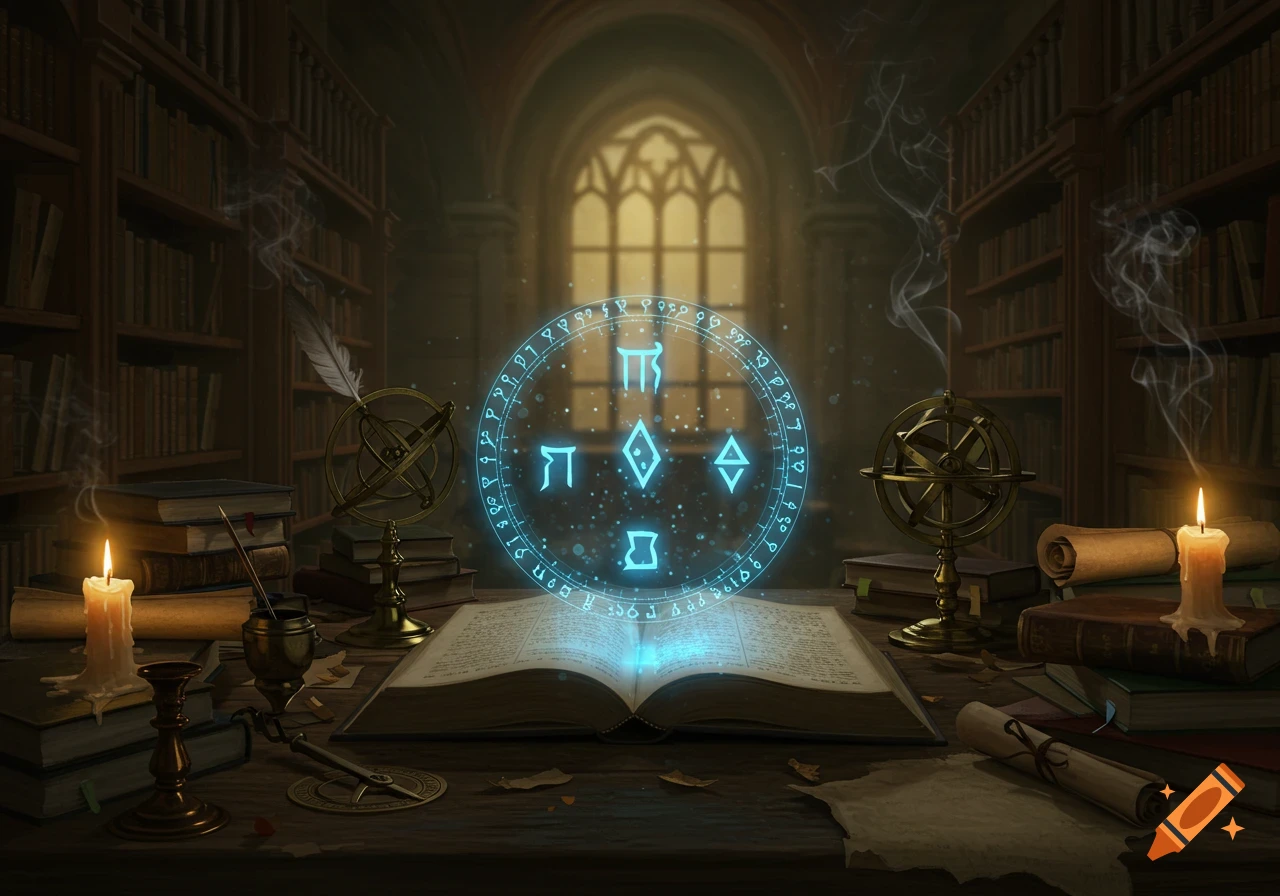 A glowing magical symbol hovers above an open spellbook on a wooden desk in a dimly lit, ancient library, surrounded by candles, scrolls, and scholarly instruments. Smoke rises from the desk and background bookshelves.