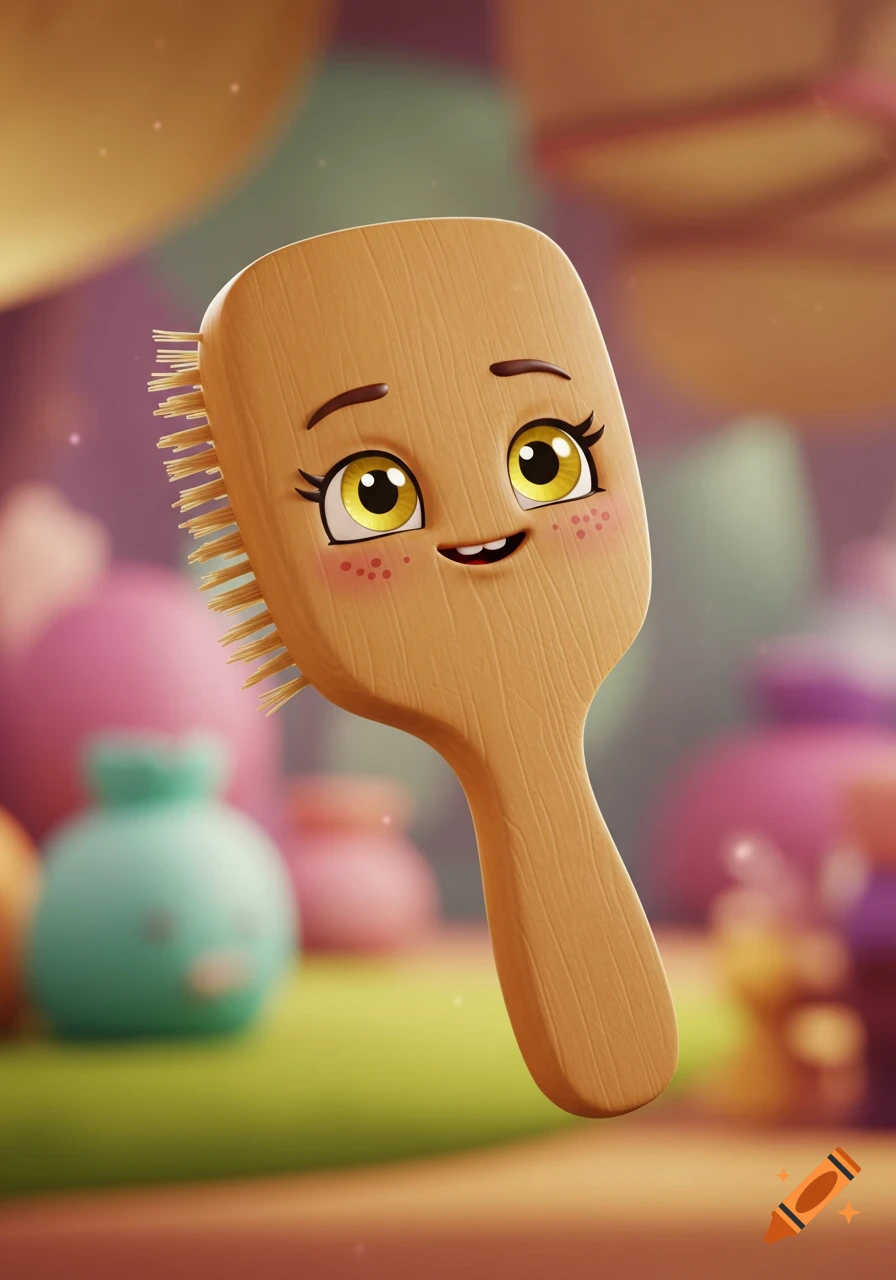 A sentient 3D cartoon wooden hairbrush with large yellow eyes, freckles, and a playful smile, floating against a blurred colorful background.
