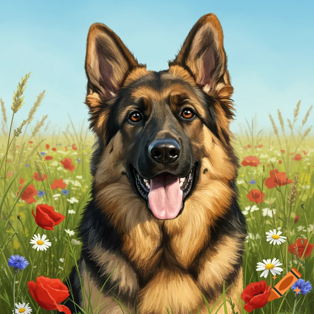 Close-up of a German Shepherd smiling in a field of colorful wildflowers under a blue sky.