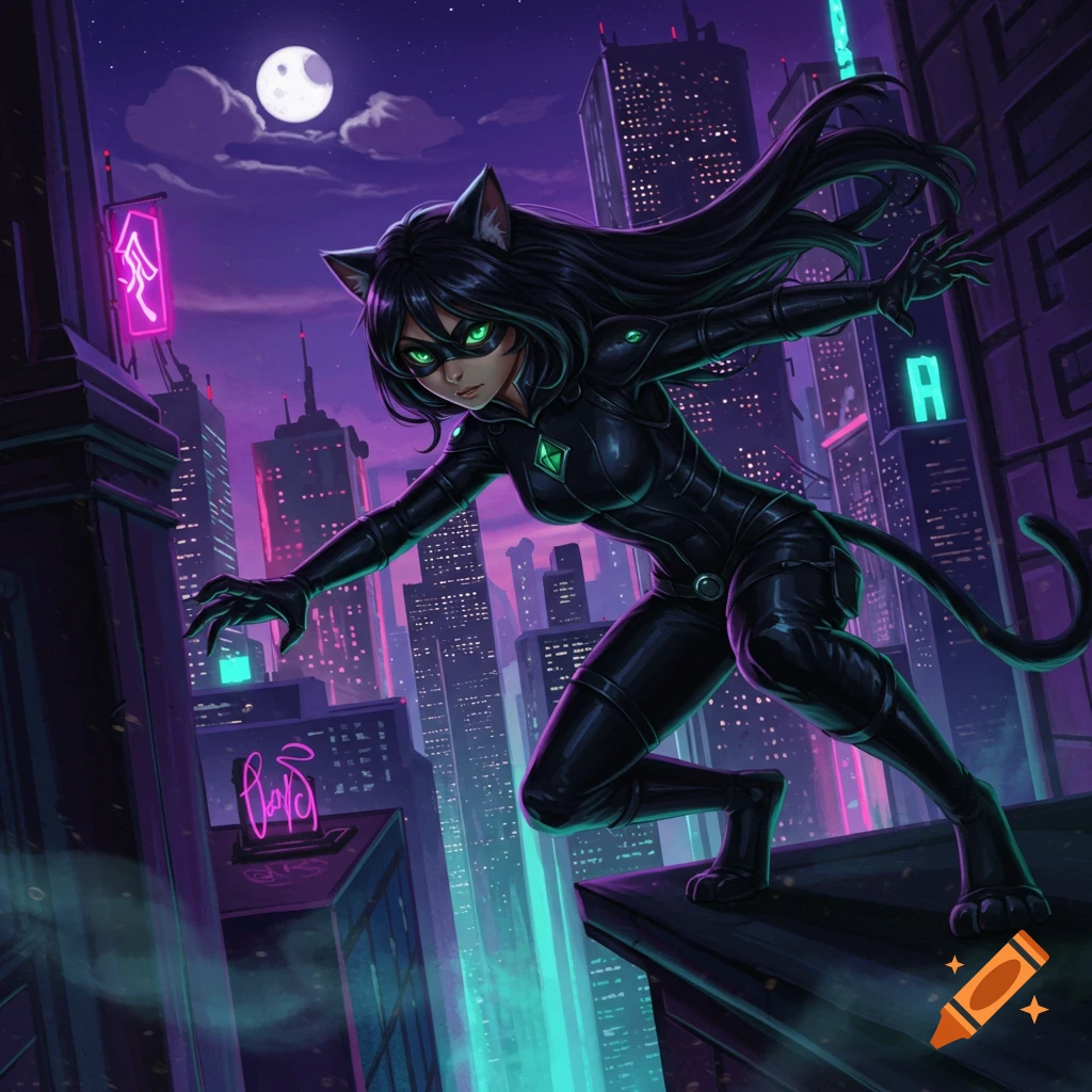 An anime catgirl in a black suit with glowing green eyes and ears crouches on a rooftop at night, overlooking a futuristic city with neon lights under a full moon.