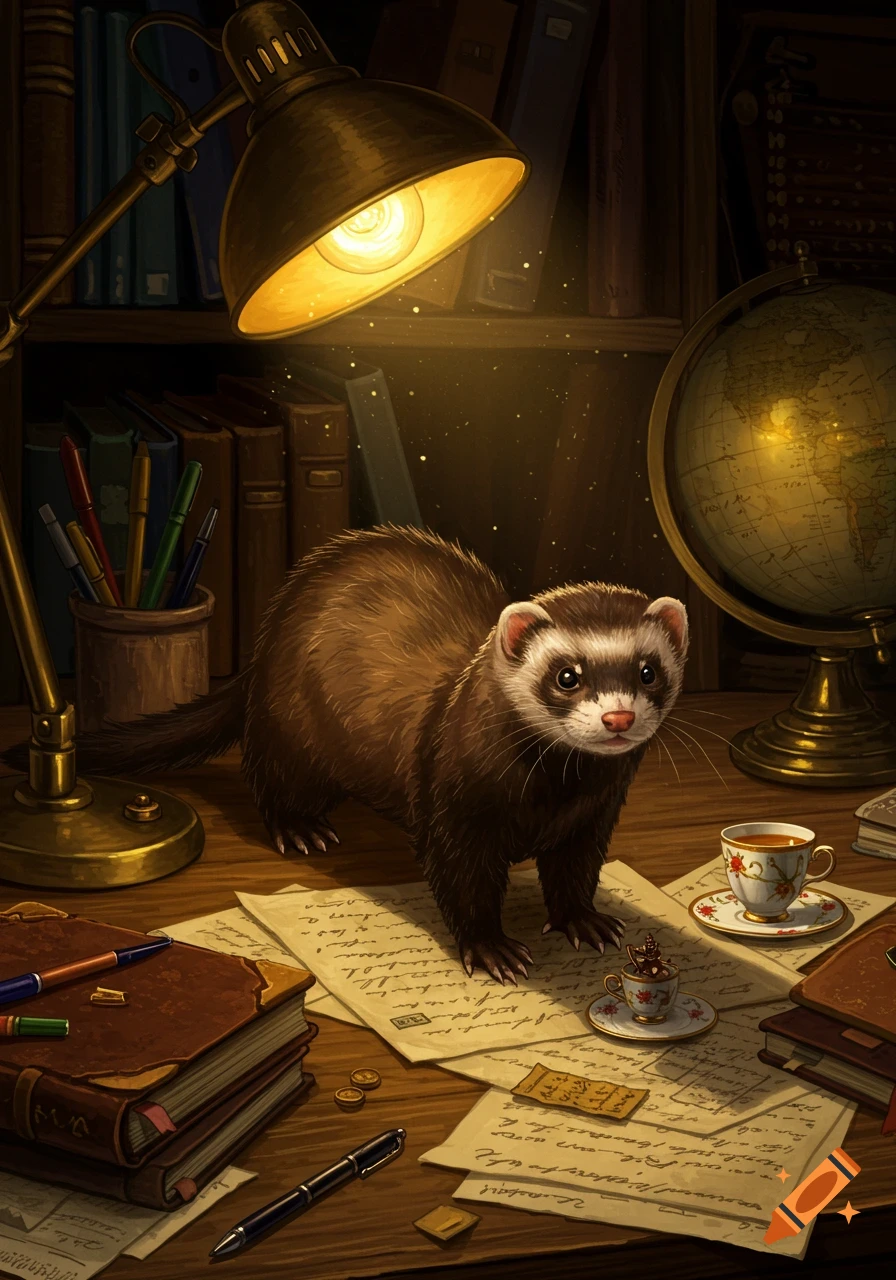 A brown and white ferret stands on a cluttered work desk illuminated by a brass lamp, surrounded by books and papers.