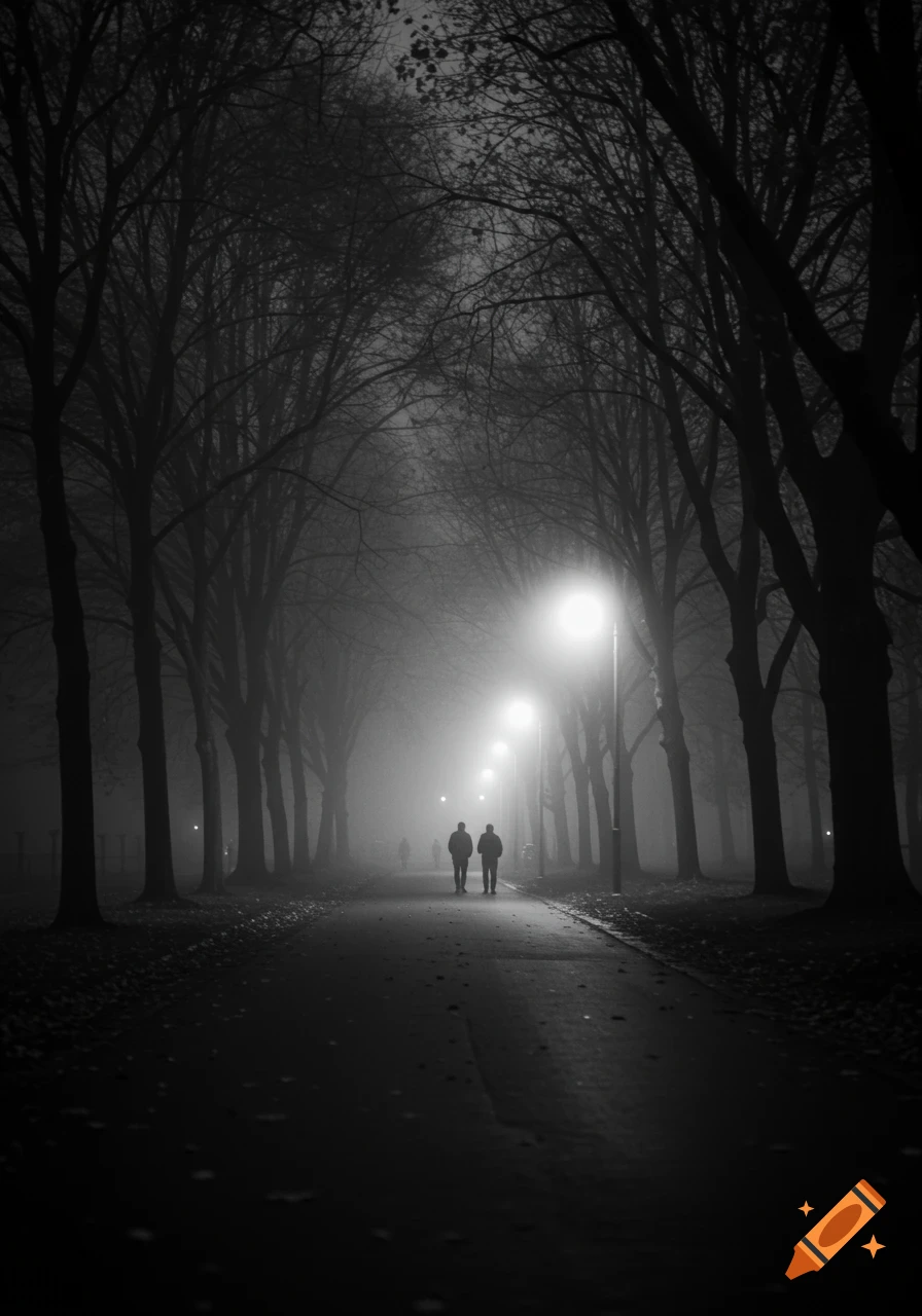 Two people walk on a foggy, tree-lined park path illuminated by streetlights in a black and white photograph.
