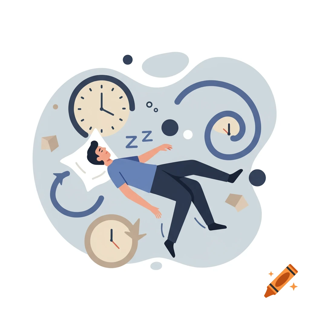 Flat illustration of a man sleeping or floating amidst clocks and Zz symbols on an abstract light blue background.