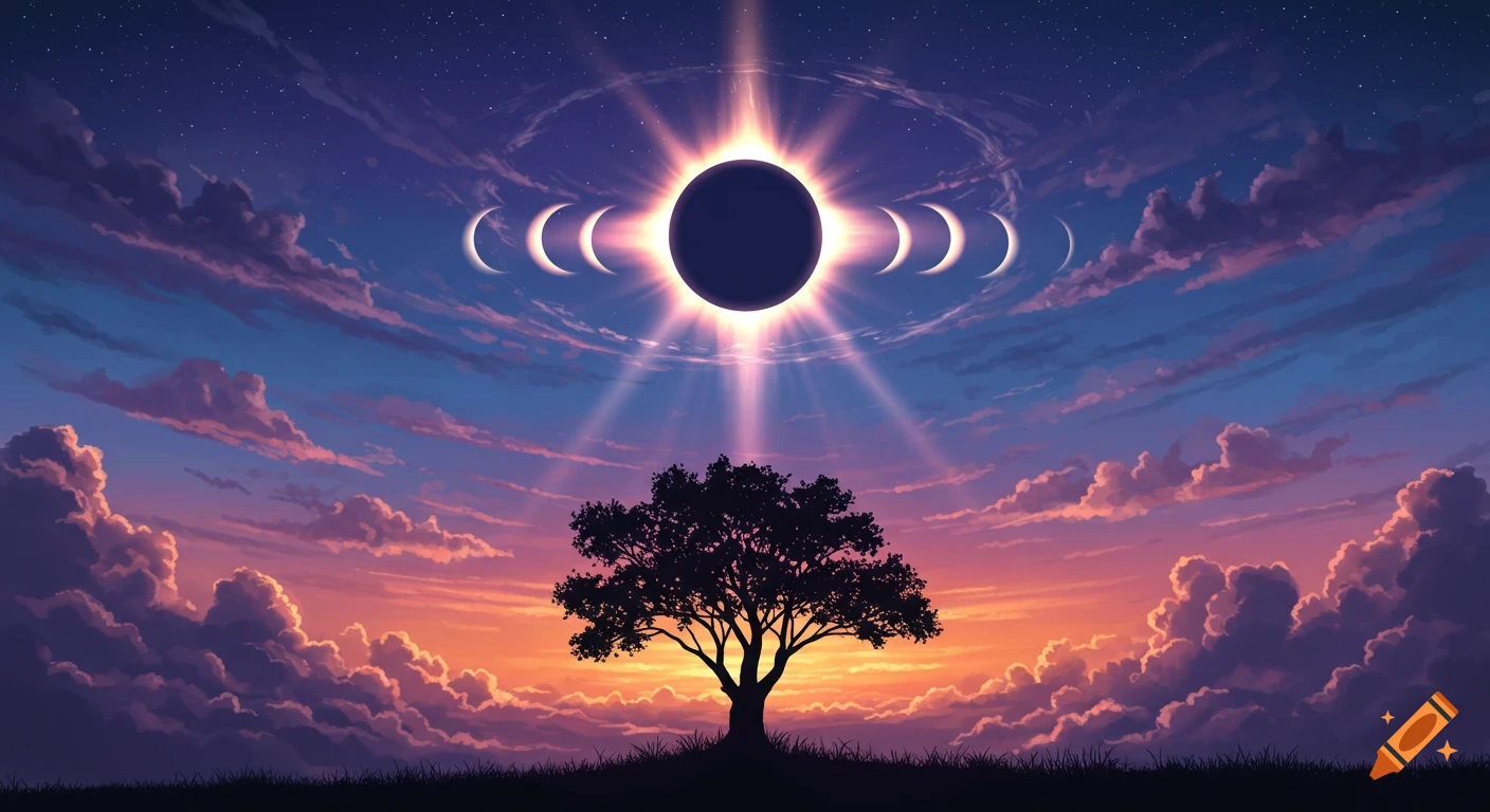 A stylized solar eclipse shines brightly above a silhouetted tree against a vibrant orange and purple twilight sky with crescent moons.