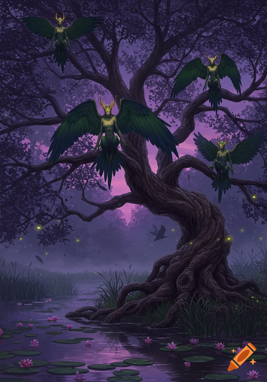 Harpies perched in a twisted tree above a lily pad-filled pond in a mystical, purple-hued swamp at dusk.