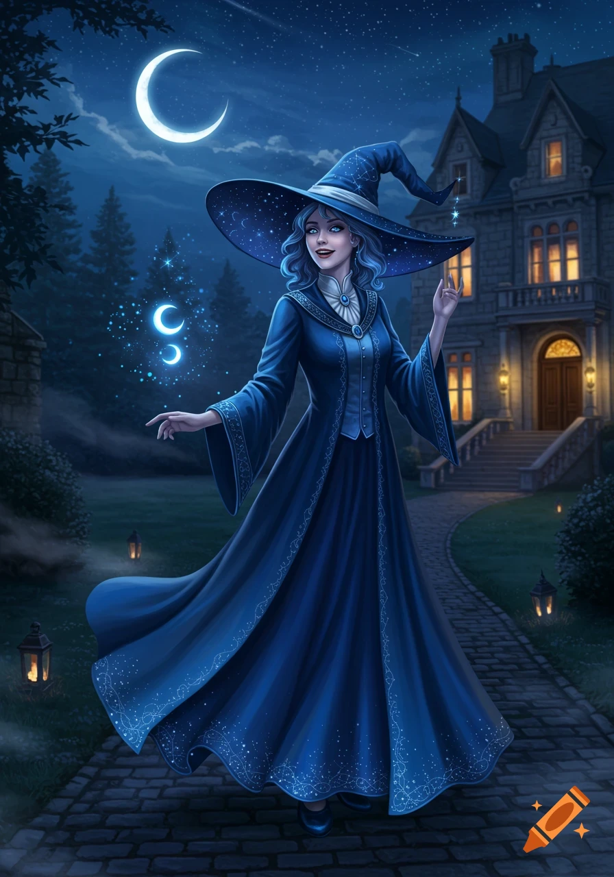 A smiling witch in a blue starry gown and hat on a cobbled path, conjuring magic under a crescent moon in a night sky with a grand house.