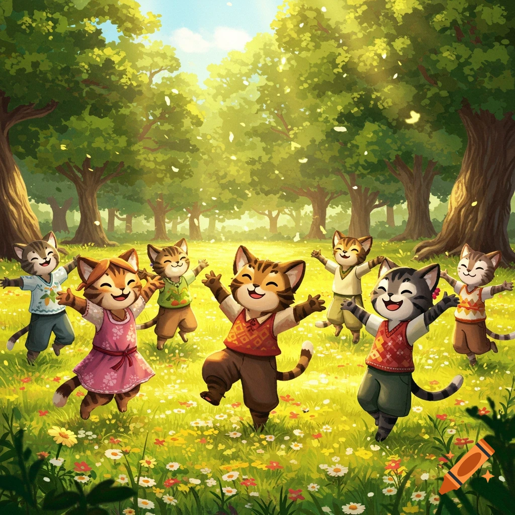 Eight happy cartoon cats in colorful clothes play and dance in a sunlit forest clearing with green grass and wildflowers.