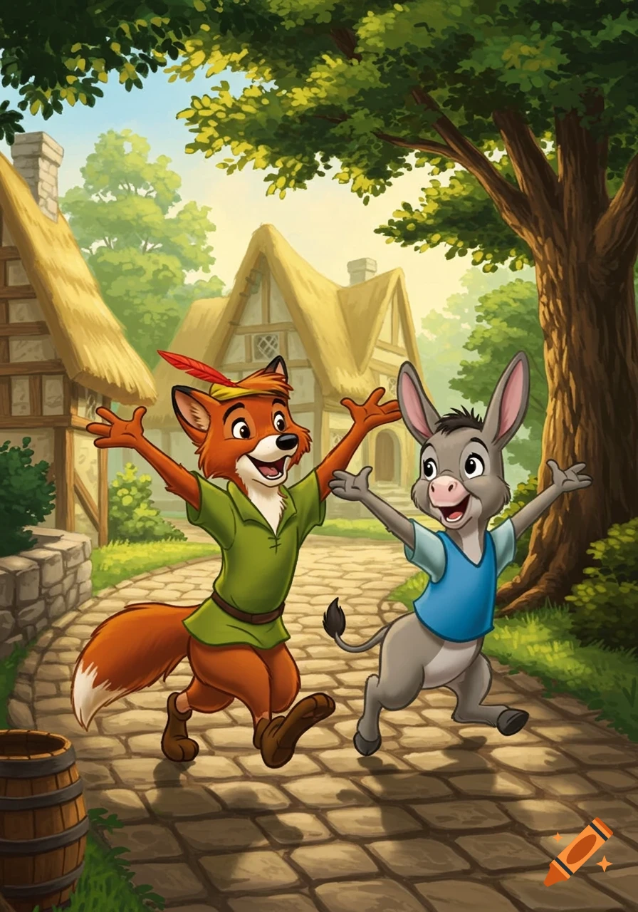 A cheerful anthropomorphic fox in green tunic and a donkey in blue shirt run happily on a village path in Disney animation style.