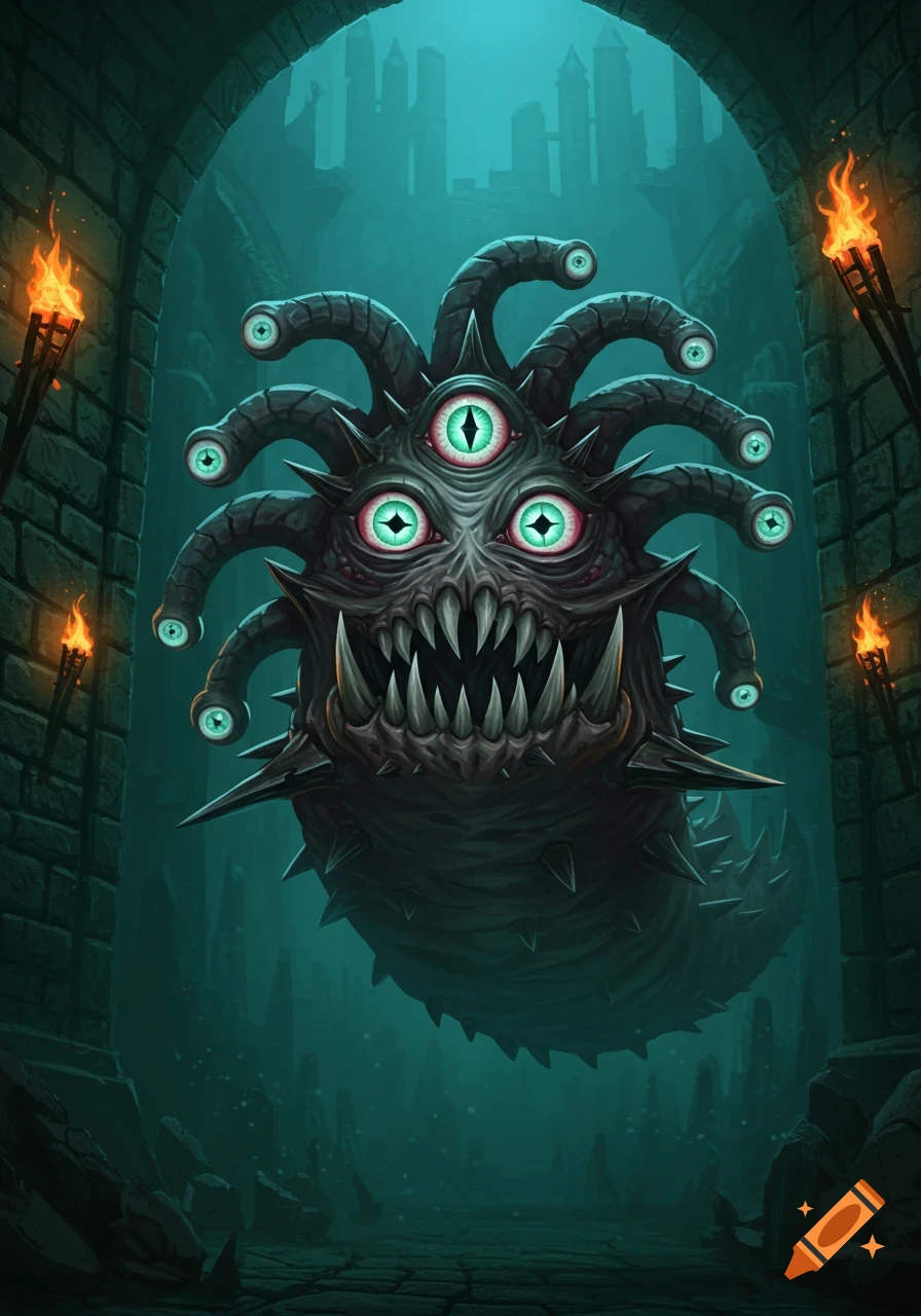 A monstrous, spiky, multi-eyed beholder-like creature floats in a dark stone dungeon with torches and a distant city.