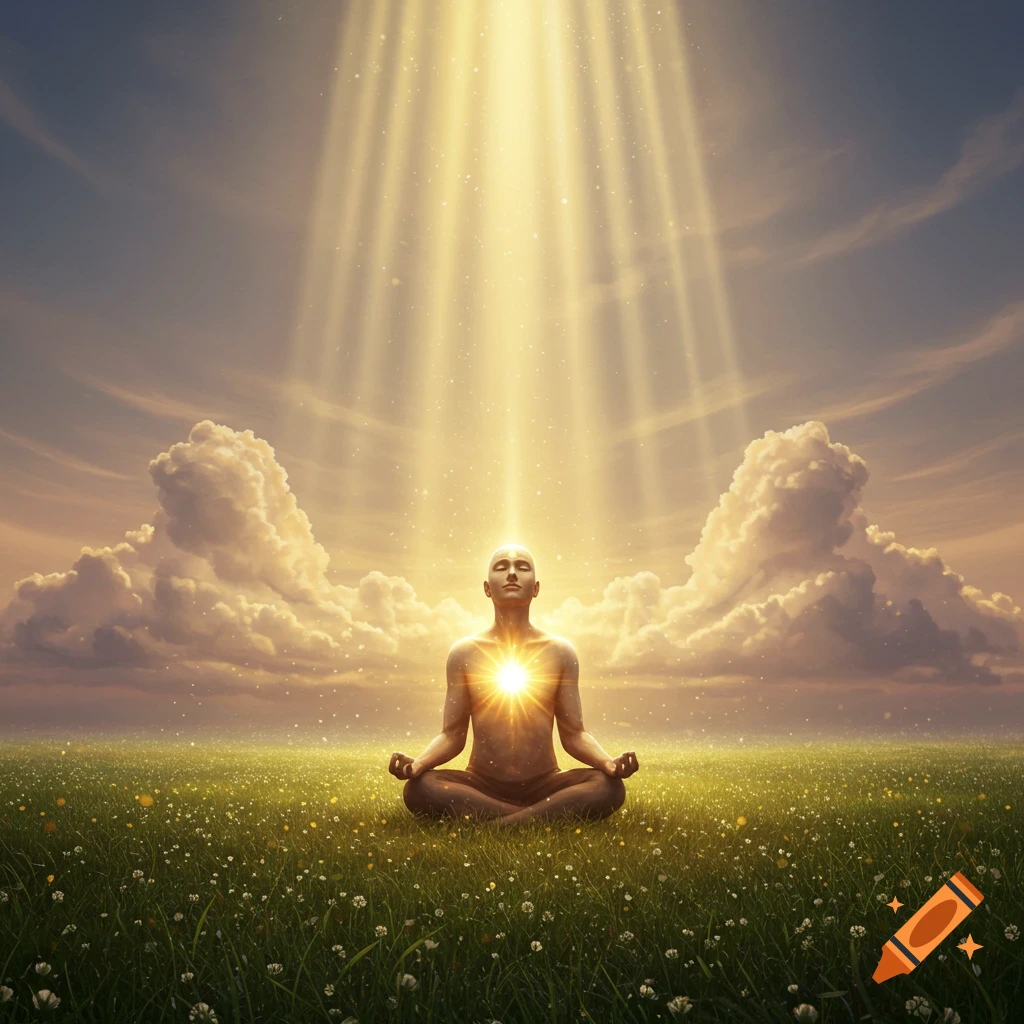 A person meditates in a vibrant green field under a golden light beam, with light emanating from their chest.