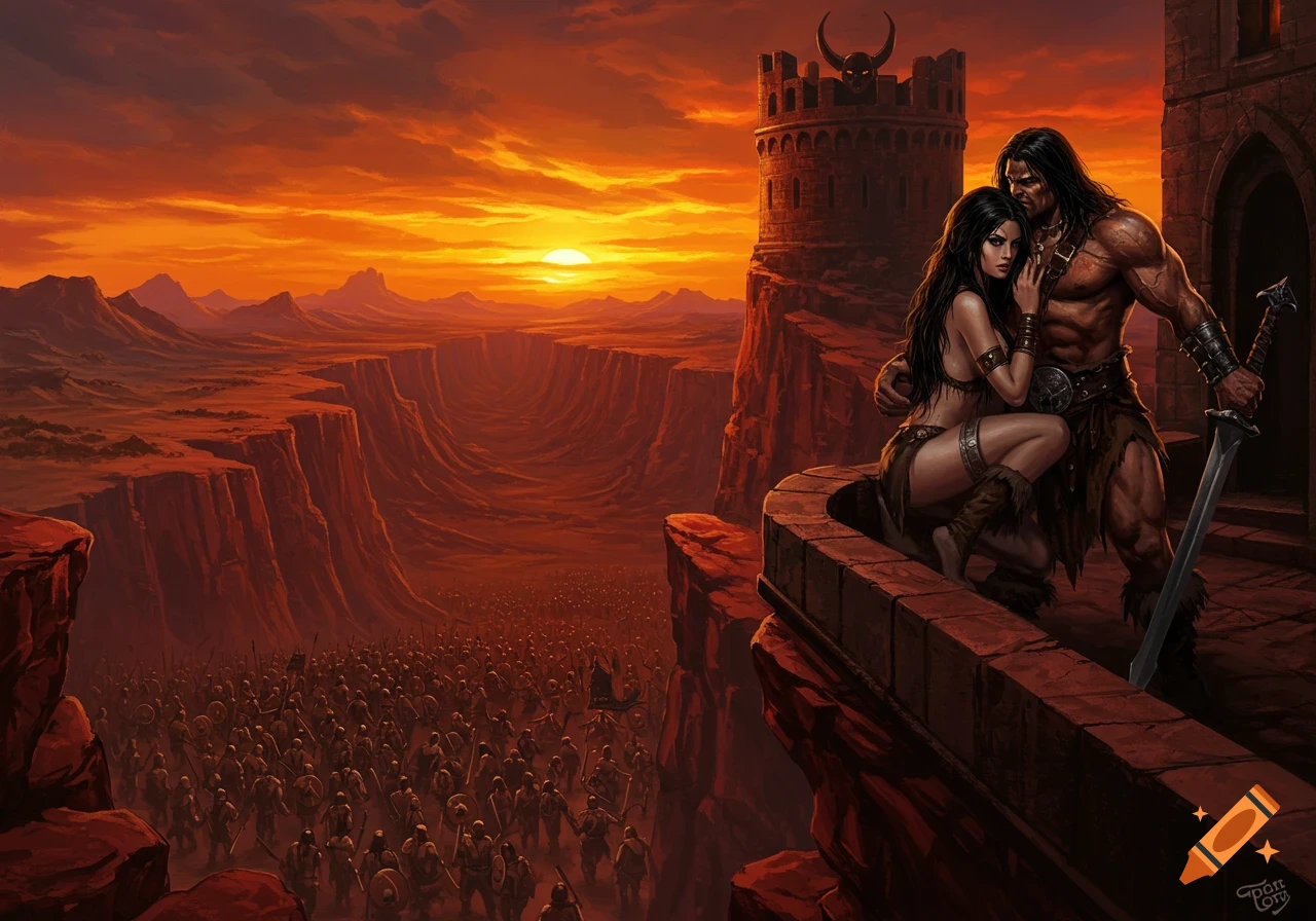 Muscular barbarian man and a woman in a skimpy outfit stand on a castle balcony, overlooking a vast army in a red canyon valley at sunset. Fantasy art.