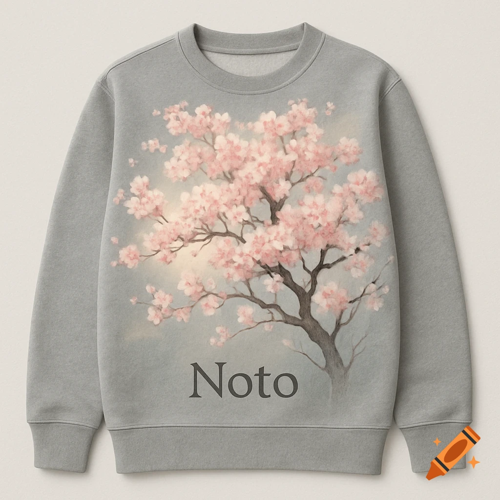 A grey sweatshirt with a pink cherry blossom tree design and the word 'Noto' at the bottom.