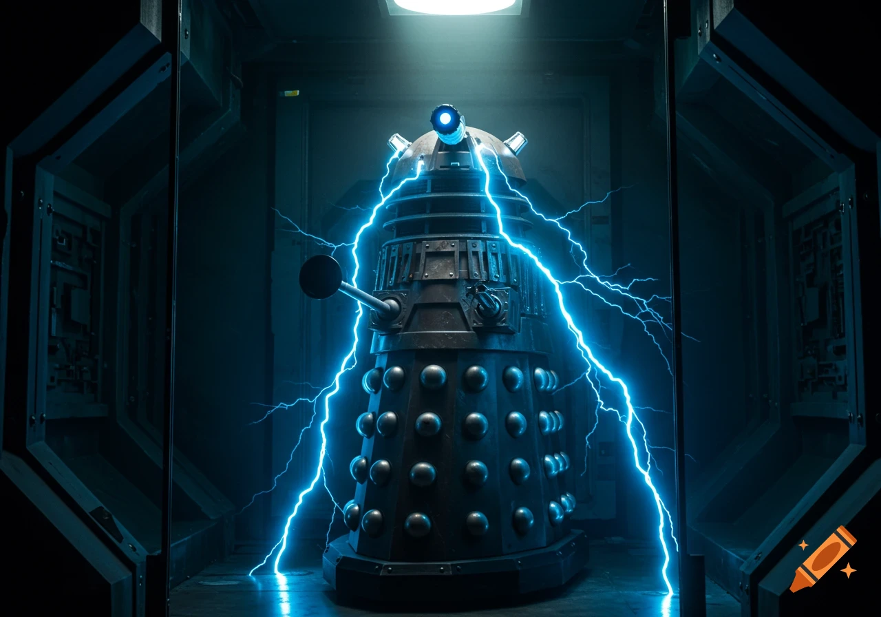 Photorealistic image of a battle-damaged Dalek surrounded by blue electricity in a futuristic prison cell under a spotlight.