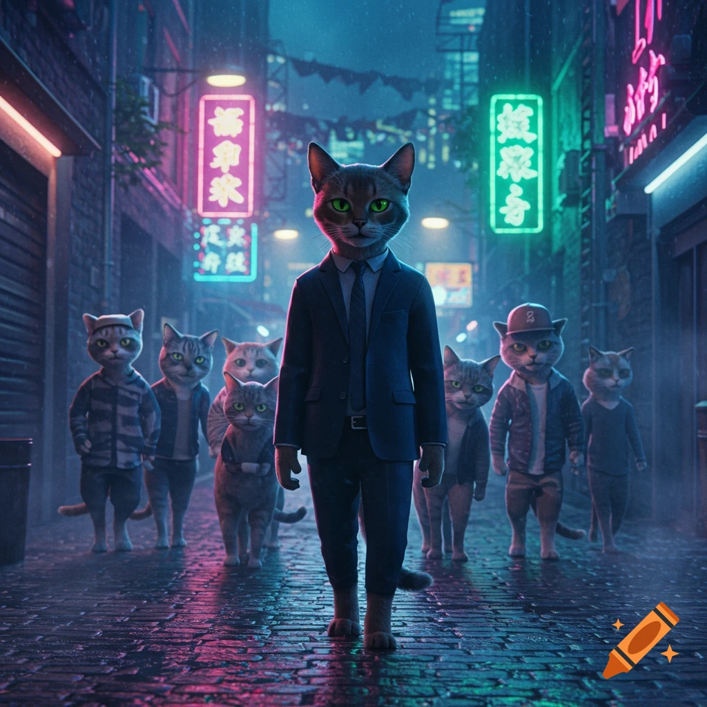 A gang of anthropomorphic cats in suits and streetwear stand on a wet street at night, illuminated by neon signs in a futuristic cityscape.