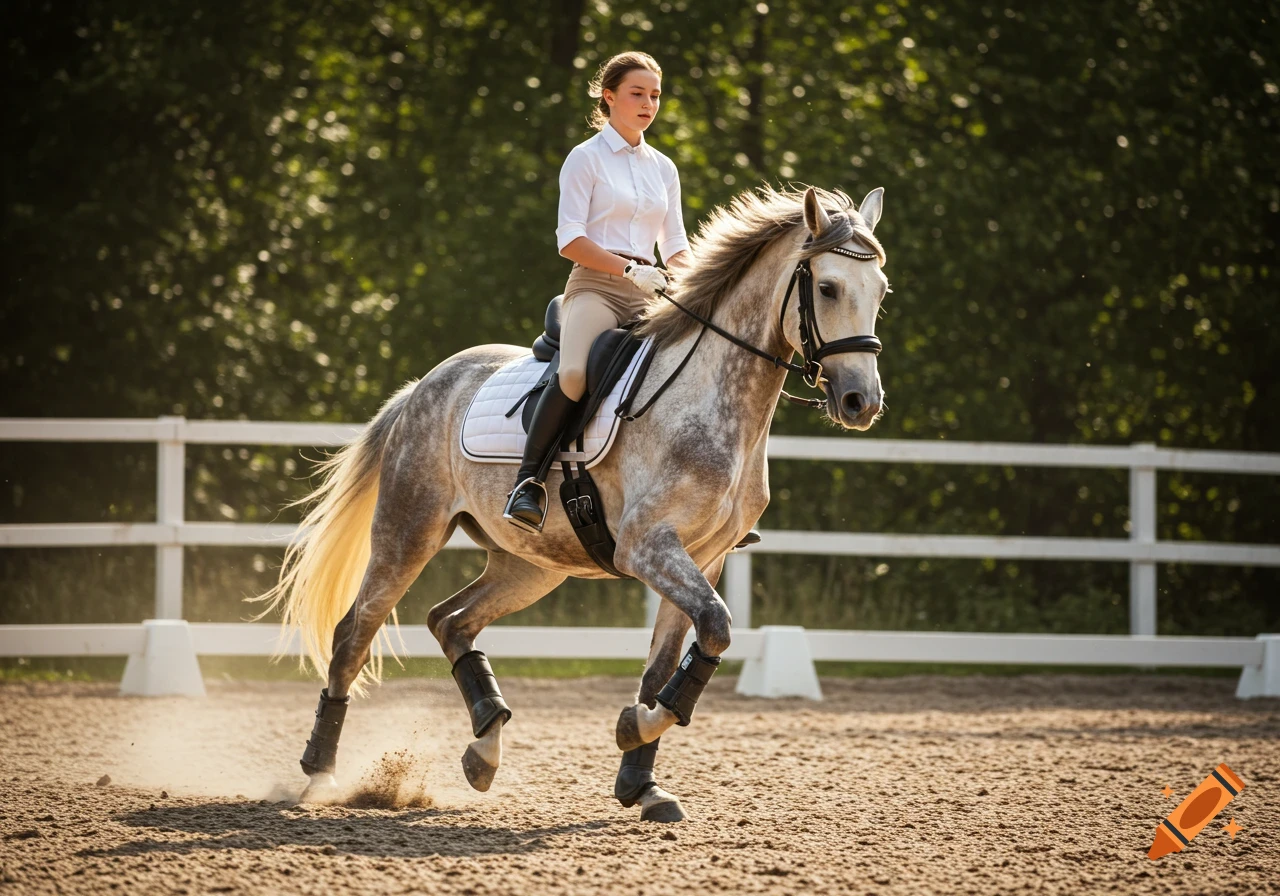 A female rider on a dapple grey horse canters in a sunny outdoor arena.