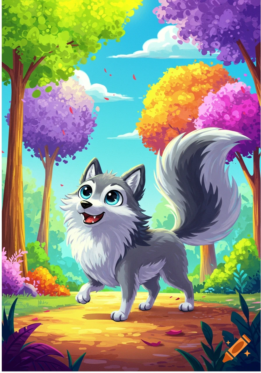 A cute, toony grey wolf with big blue eyes walks through a vibrant, colorful forest filled with trees.