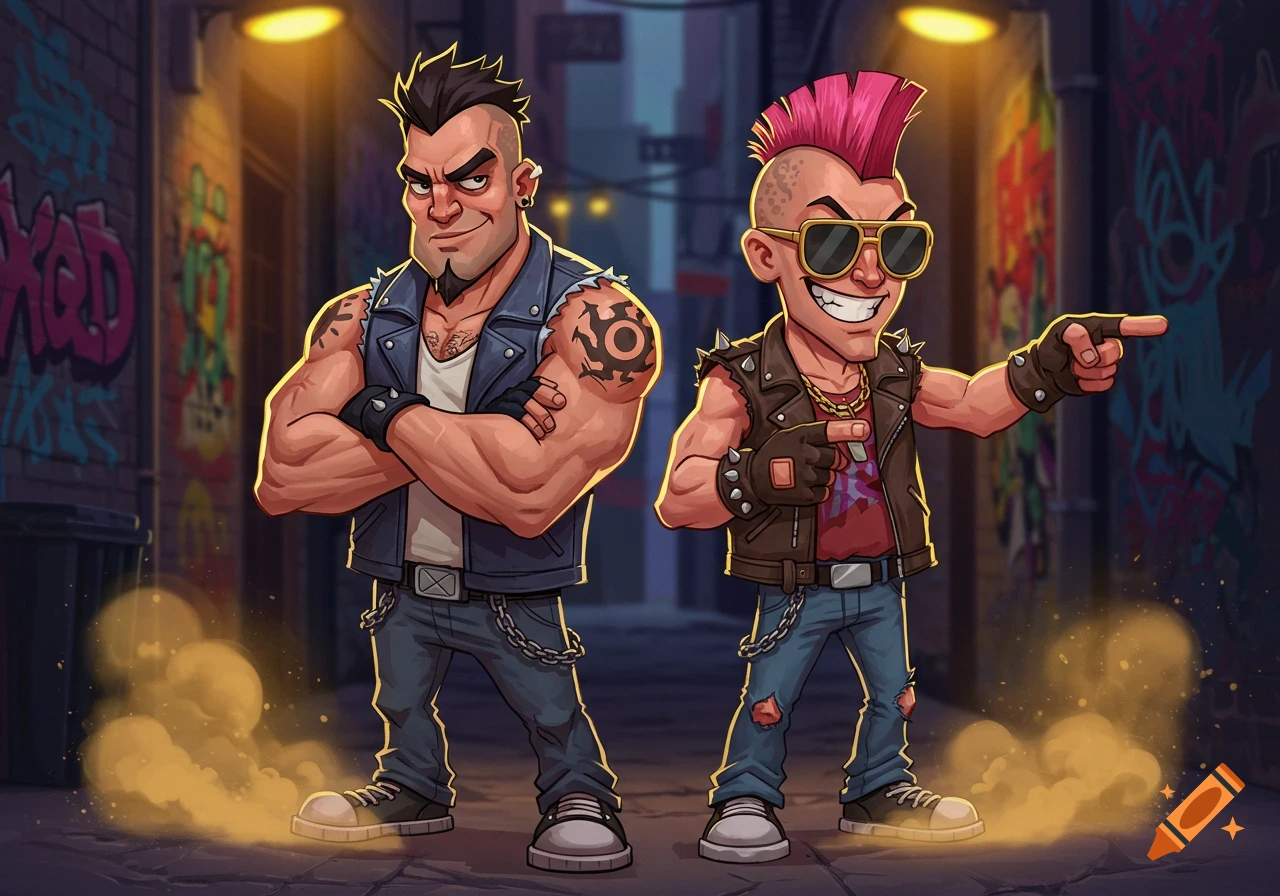 Two cartoon punk men, one with a black mohawk and the other with a pink mohawk, in a graffiti-covered alley.