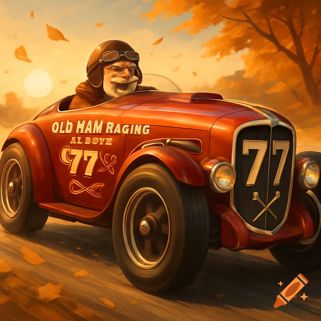 An old man with a white beard and helmet drives a vintage red race car with the number 77 on a road with autumn leaves.