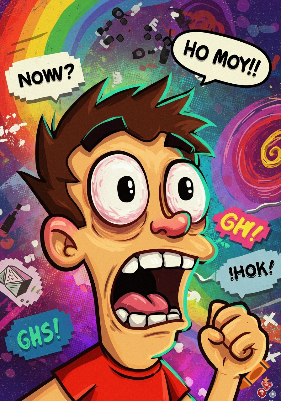 A wide-eyed cartoon man shouts in surprise or distress with speech bubbles and a chaotic, colorful background in a pop art style.