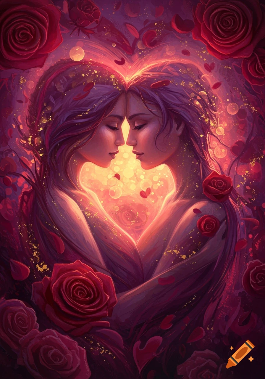 Two women facing each other, their bodies and hair forming a heart shape, surrounded by red roses and golden sparkles in a vibrant pink and purple art style.