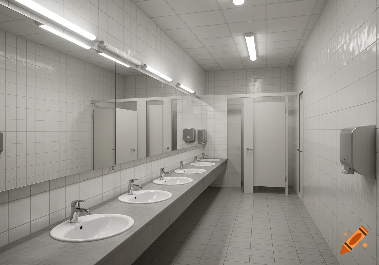 A clean, white-tiled public bathroom with a long counter of sinks and multiple stalls.