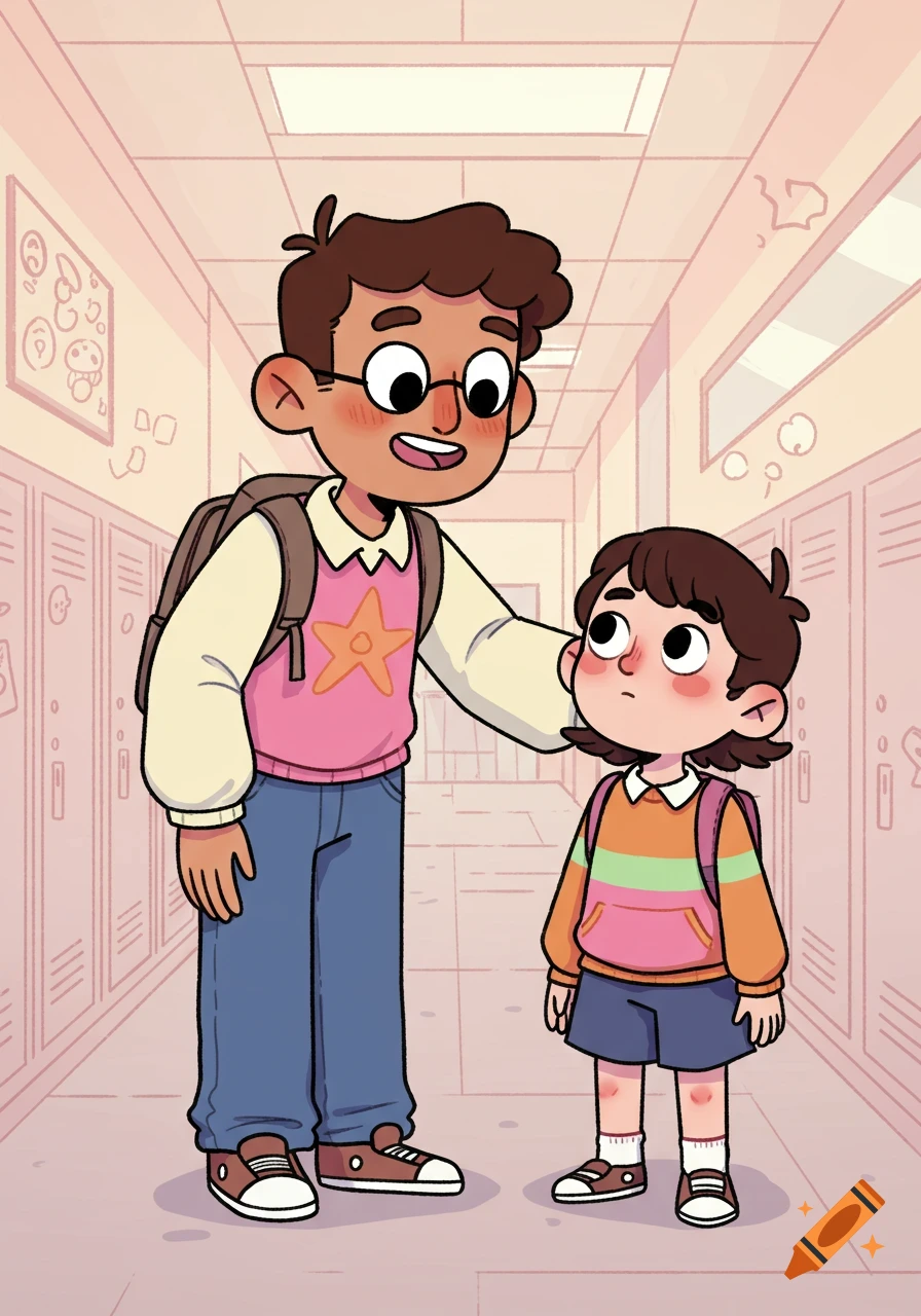 A cartoon of an older student with a backpack putting their hand on the shoulder of a younger student with a backpack in a school hallway.