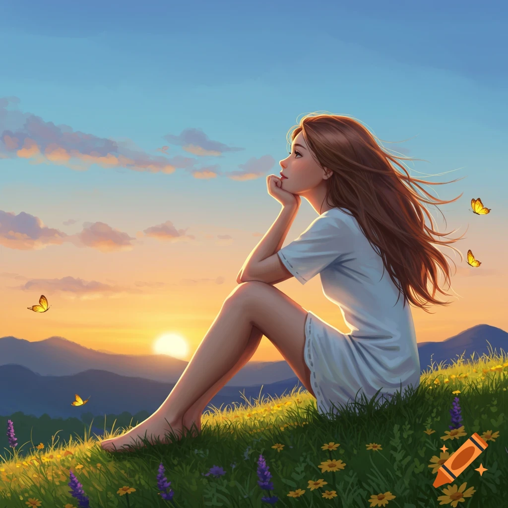 Illustrated girl with long brown hair sitting on a grassy hill, watching the sunset over mountains with butterflies.