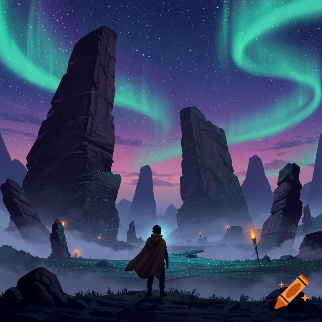 A person in a cloak stands before towering monolithic rocks under a vibrant green and purple aurora borealis night sky.