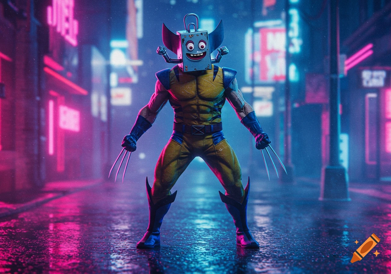 Wolverine with a Clippy head stands in a rainy, neon-lit cyberpunk city street.