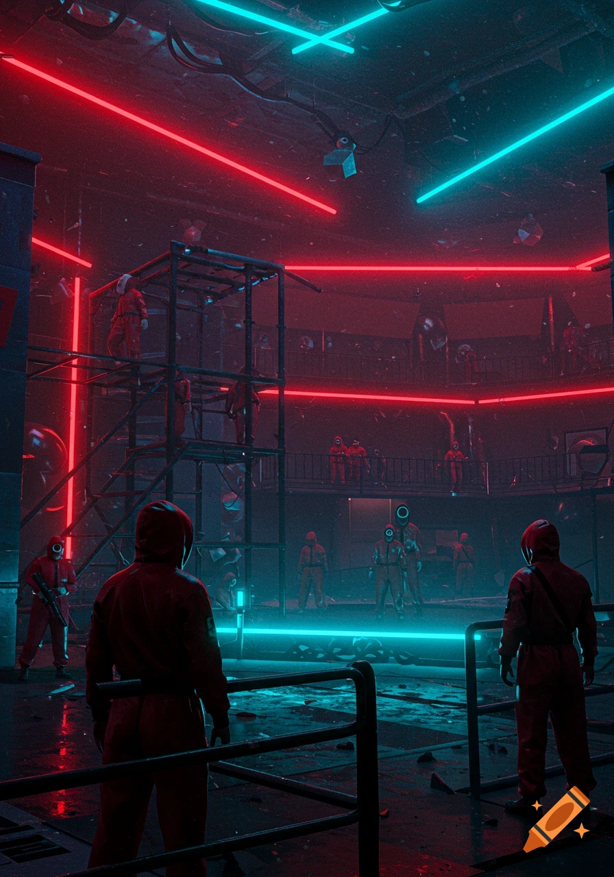 Figures in red jumpsuits and masks stand in a dark, neon-lit industrial arena with red and blue lights.
