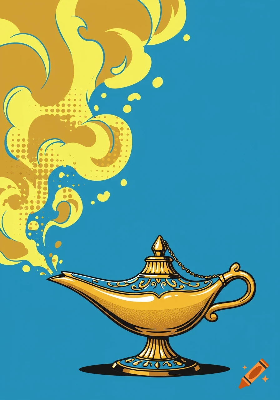 A golden Aladdin's lamp with blue decorative accents emits yellow, stylized mist against a blue background, in a pop art vector style.