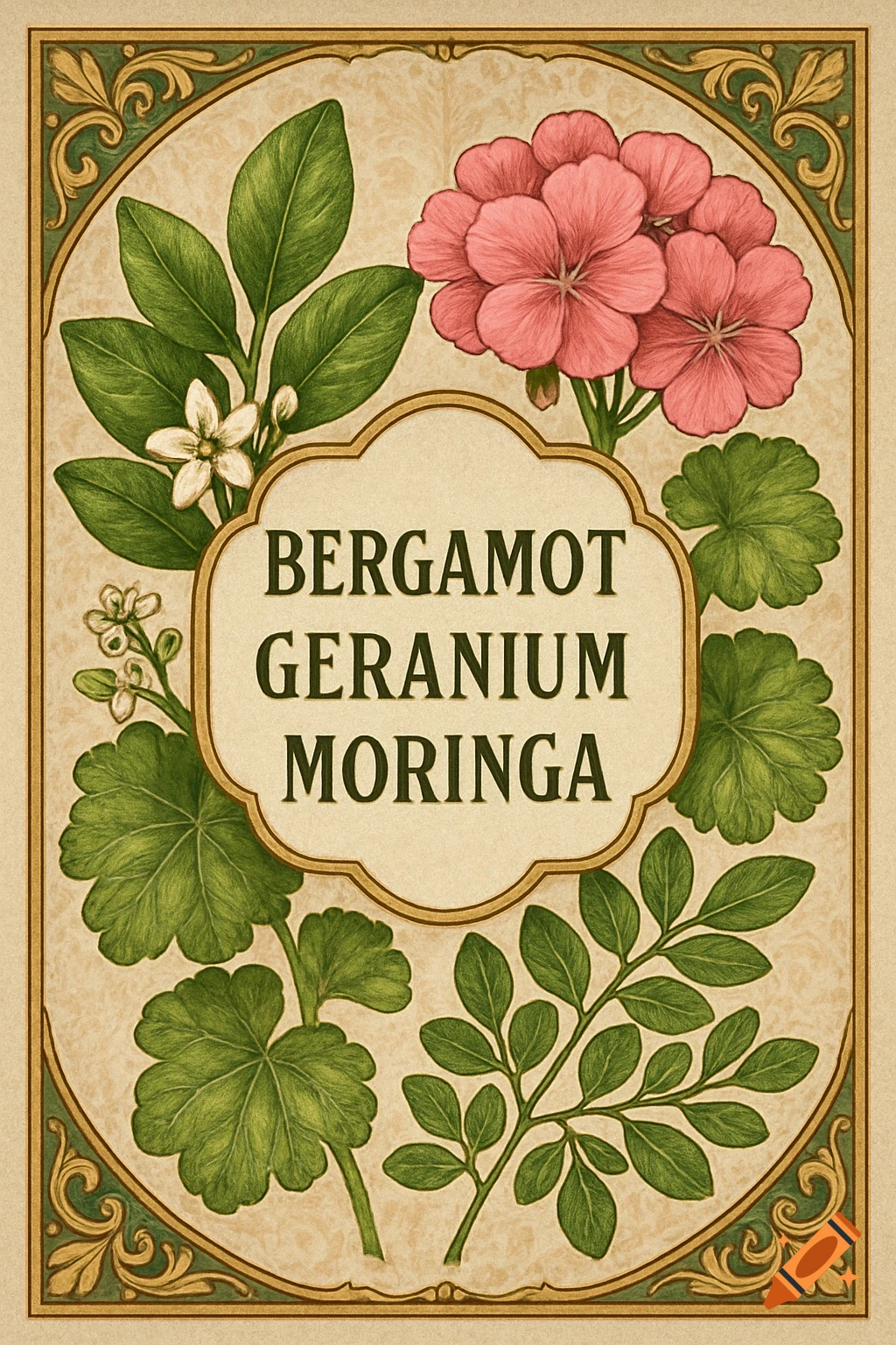Vintage botanical label illustration featuring pink geraniums, bergamot, and moringa plants with the text BERGAMOT GERANIUM MORINGA.
