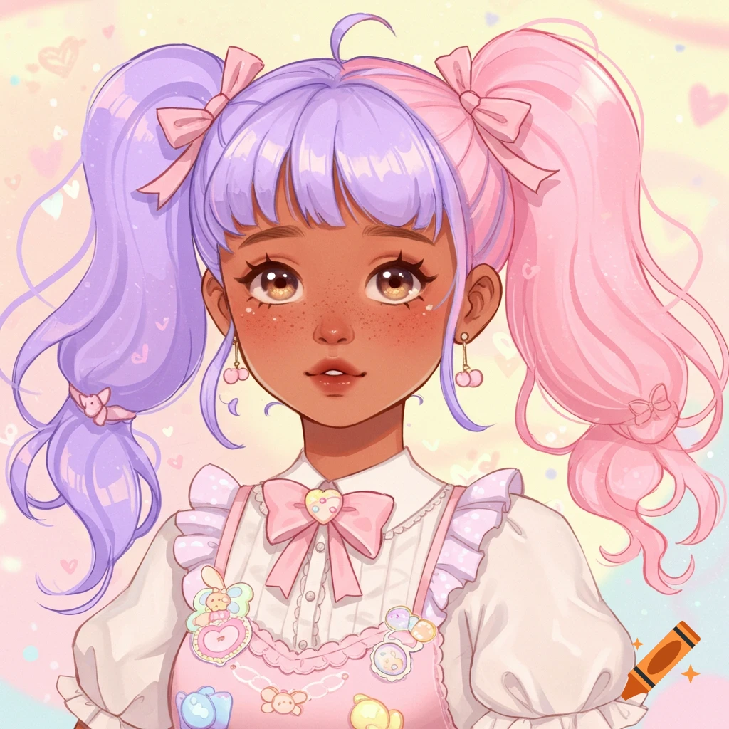 A close-up anime portrait of a girl with lavender and pink pigtails, freckles, and a pastel pink ruffled dress.