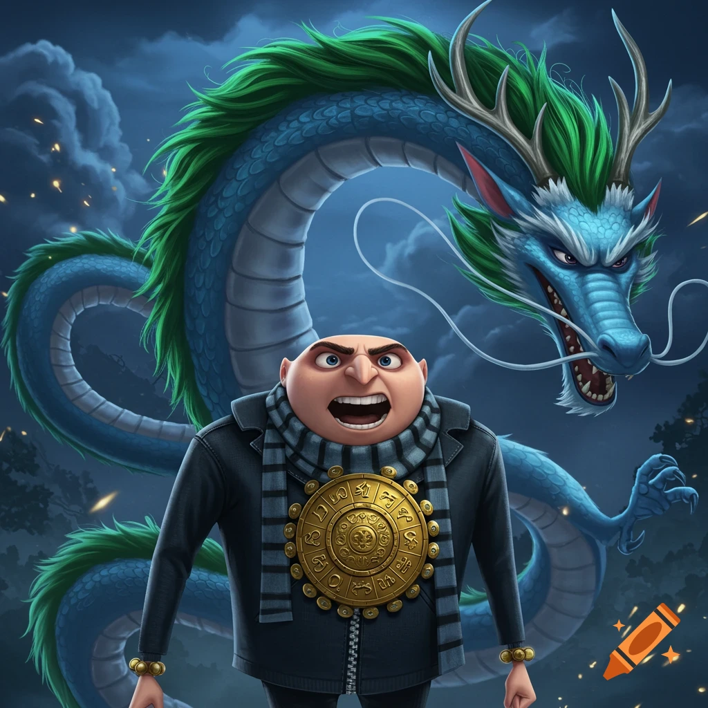 Gru from Despicable Me stands roaring, wearing a plaid scarf and a golden zodiac necklace, with a large blue and green Chinese dragon roaring behind him.