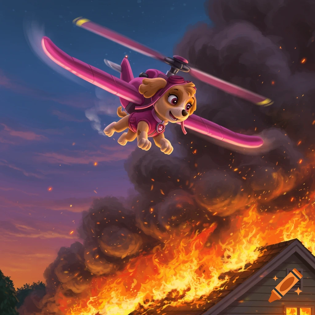 Cartoon Paw Patrol character Skye, a dog in a pink flight suit, flies a helicopter over a burning house at dusk.